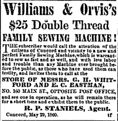 Advertisement for sewing machines sold by Staniels in 1860
